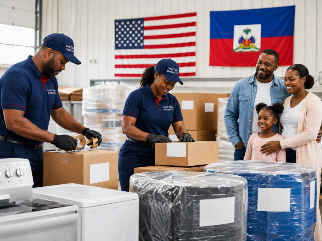 Family Cargo Shipping LLC employes preparing cargo for shipment from thr USA to Haiti